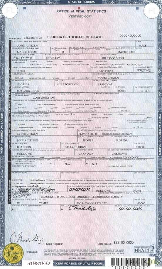 Modèle de certificat de décès de l'État de Floride aux États Unis au format PSD